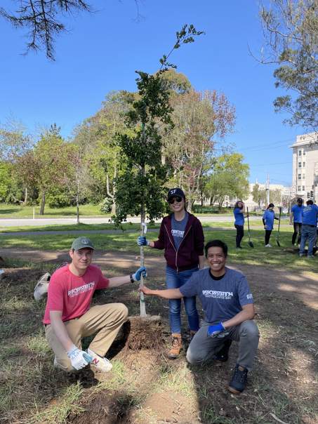 GroupGreeting’s Anthony Doctolero and Stephanie Terada planting trees with Louis Lagoutte at OneTreePlanted